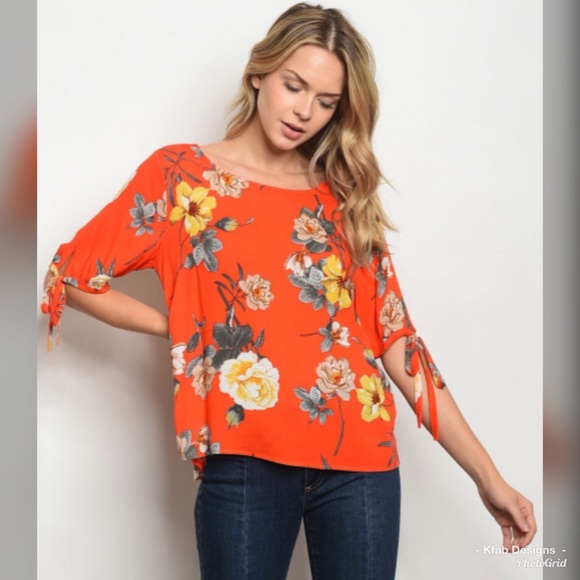 🥰LAST 1! 💕 Tangerine Floral Tie Sleeve Top! - Picture 5 of 5